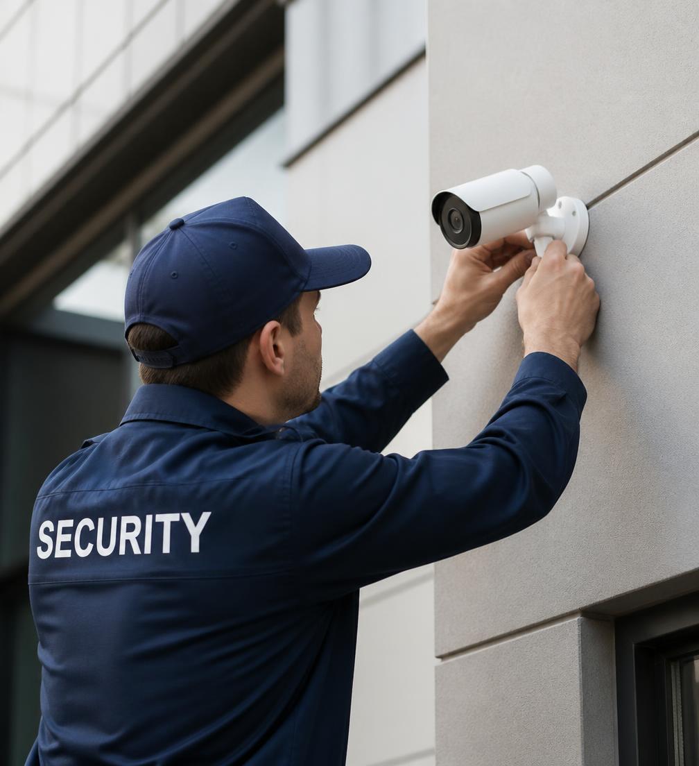 Technician professionally installing a CCTV camera on a building wall