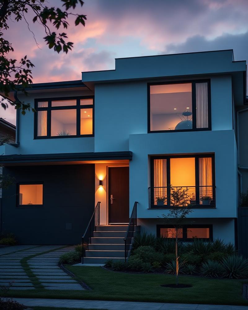 Modern home exterior secured at dusk