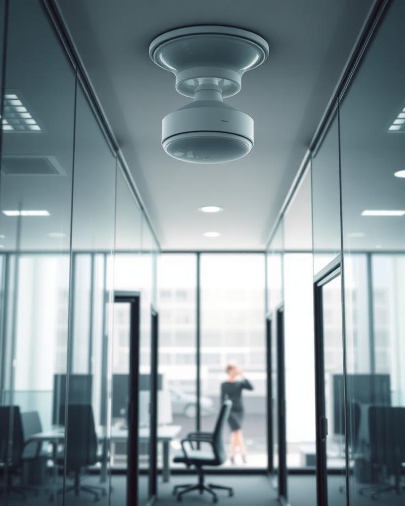 Office interior with ceiling surveillance camera